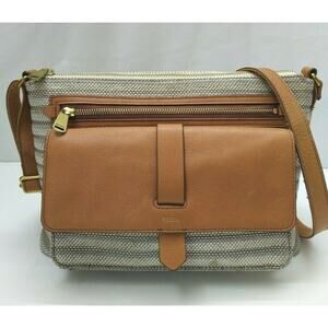 Fossil Kinley Gray Canvas Brown Leather Trim Zipper Closure CrossbodyBag - $150